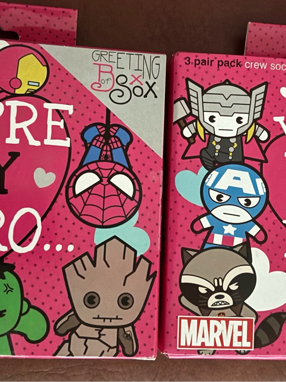 Marvel Pink "You're My Hero" Crew Socks Gift Pack - 2 boxes with 3 pairs each